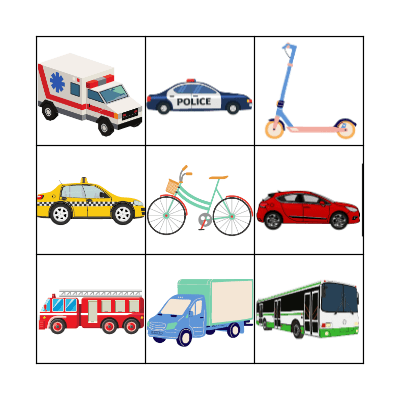 Transportation Vehicles Bingo Card