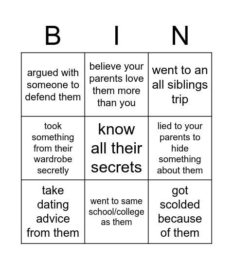 Siblings Bingo Card