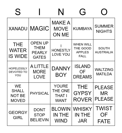763 OLIVIA NEWTON JOHN VS THE SEEKERS Bingo Card
