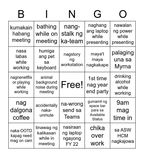 Out of the Blue Bingo Card