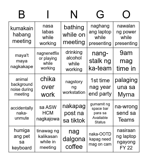 Out of the Blue Bingo Card