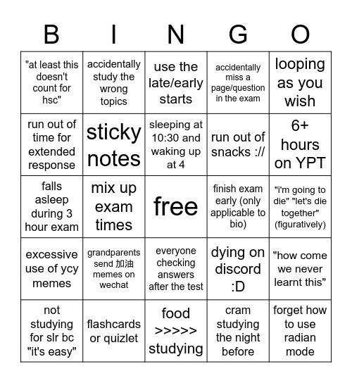 Exam Week Bingo Card