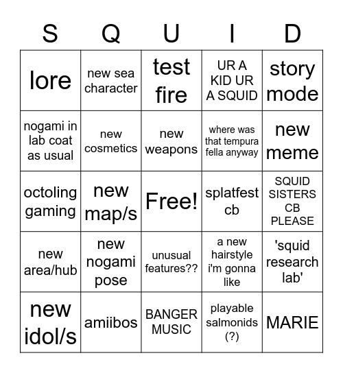 splat 3 bingo Card