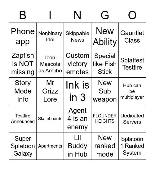 SPLATOON 3 Bingo Card