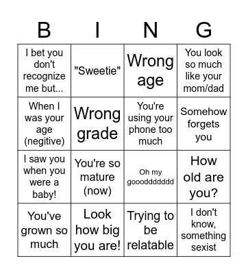 Family Reunion Bingo Card