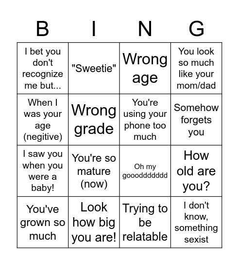 Family Reunion Bingo Card