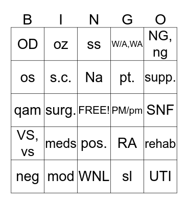 Medical Terms Bingo Card