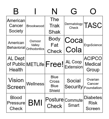 Health Fair BINGO Card