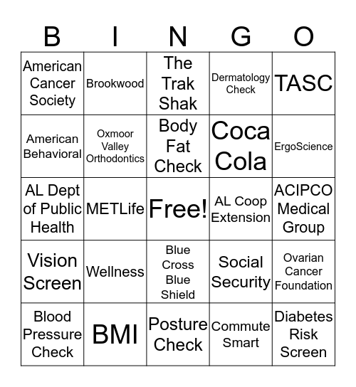 Health Fair BINGO Card