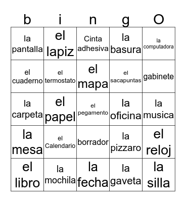 Spanish classroom objcts Bingo Card