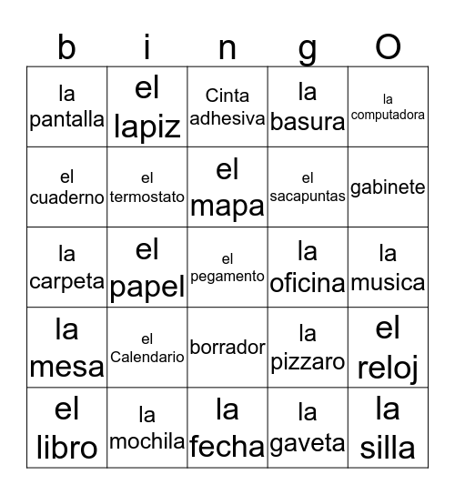 Spanish classroom objcts Bingo Card