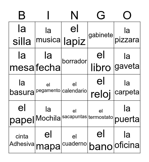 Spanish Classroom Objects Bingo Card