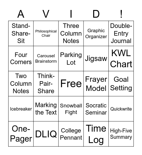 AVID Teacher Bingo Card