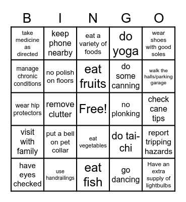 FALL PREVENTION Bingo Card