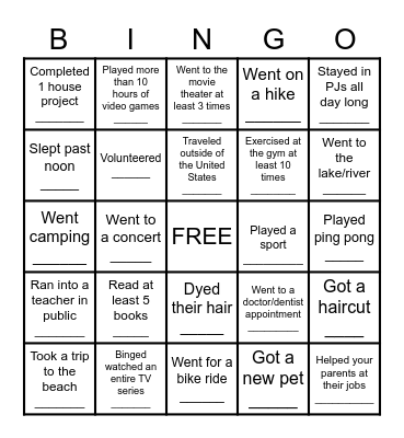 Summer Vacation Bingo Card