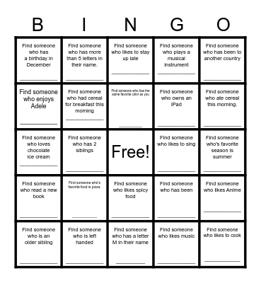 Find a Friend Bingo Card