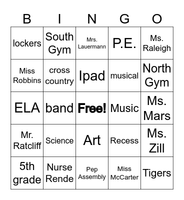 Back to School Bingo Card