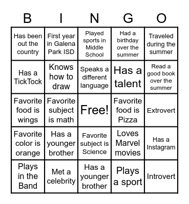 Getting to Know you Bingo Card