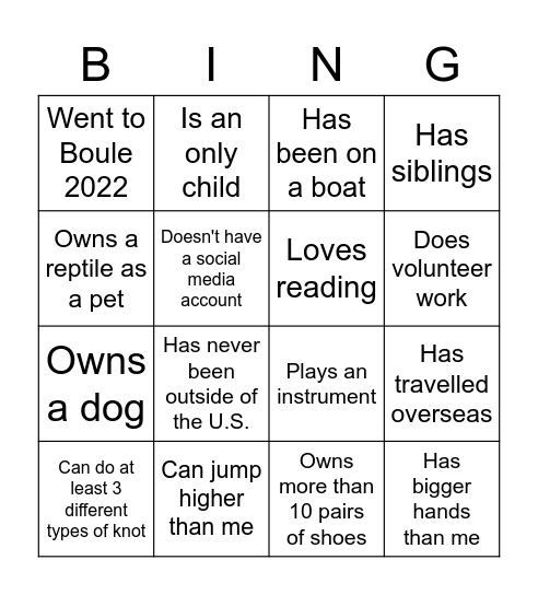 Find someone in the room Bingo Card