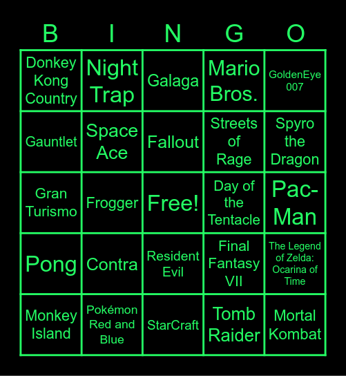 Video Game Bingo Card