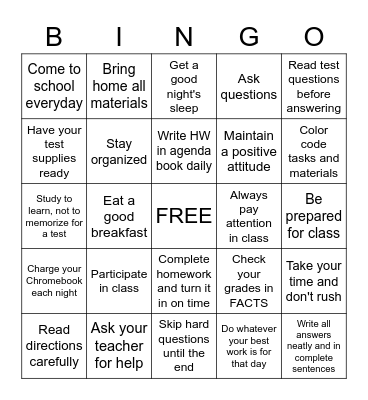 Study Skills Bingo Card