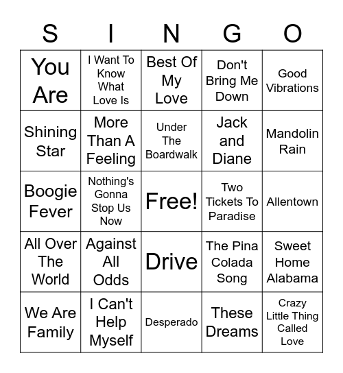 SINGO Bingo Card