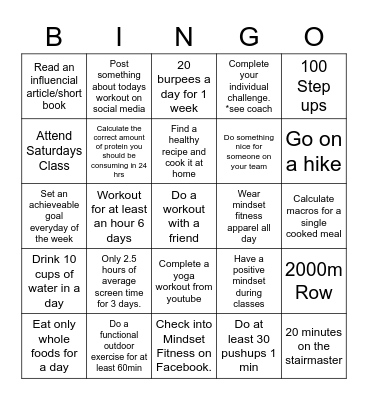 Mindset Fitness Bingo Card