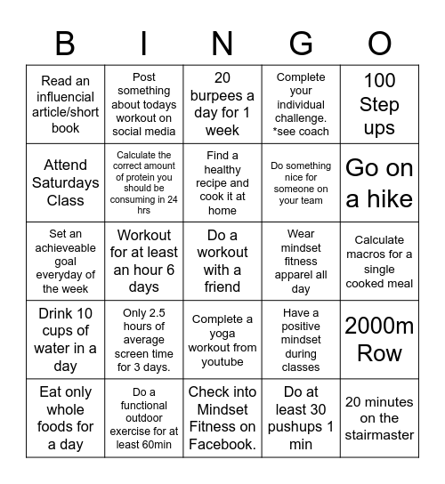 Mindset Fitness Bingo Card