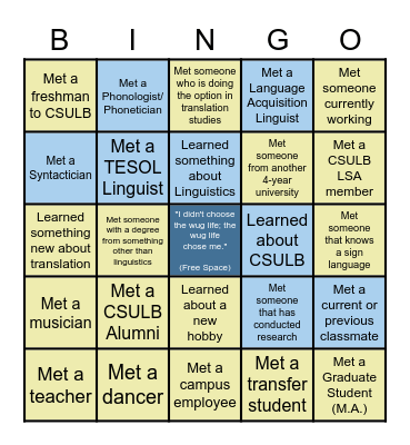 CSULB Linguistics Social Mixer (Fall 2022) Bingo Card