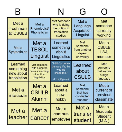 CSULB Linguistics Social Mixer (Fall 2022) Bingo Card