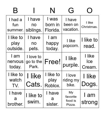 Get to Know Me Bingo! Bingo Card