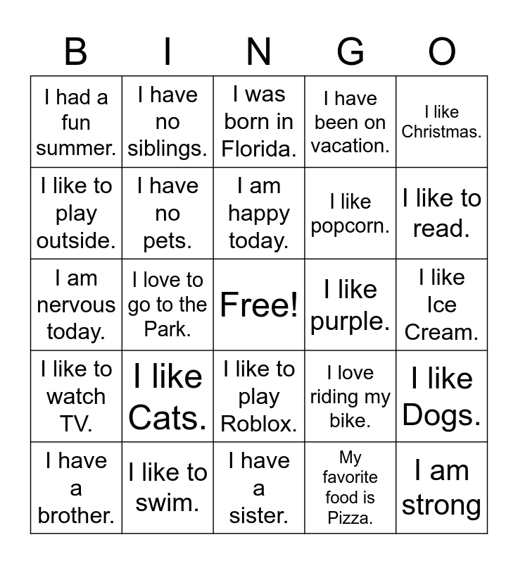 Get to Know Me Bingo! Bingo Card
