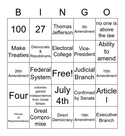 American Government and Civics Bingo Card