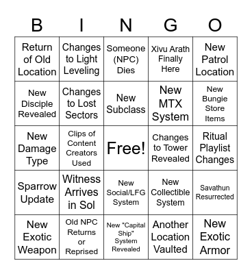 Destiny 2 Lightfall Trailer Bingo Card