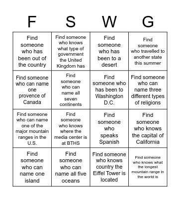 Find Someone Who- Geography Edition! Bingo Card