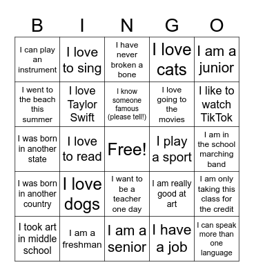 First Day Bingo Card