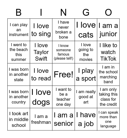 First Day Bingo Card