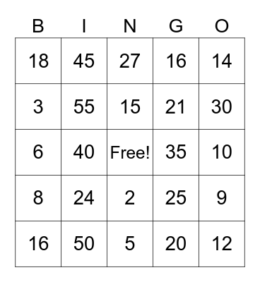 Multiplication basic facts Bingo Card