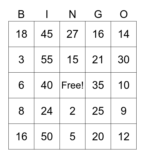 Multiplication basic facts Bingo Card