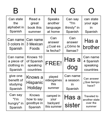 Bienvenidos a la clase de español 2022 Bingo Card