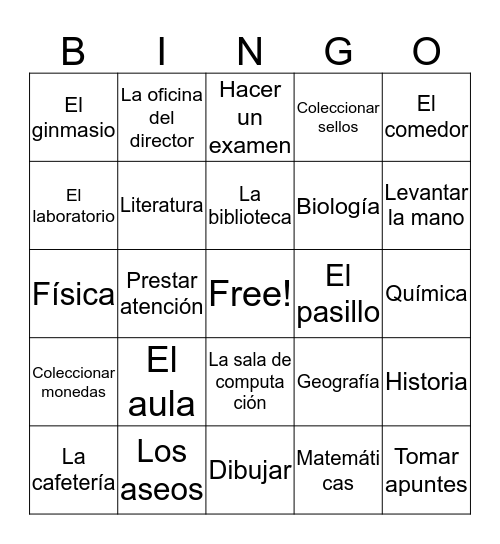 Spanish 2 Chapter 7 Bingo A Bingo Card
