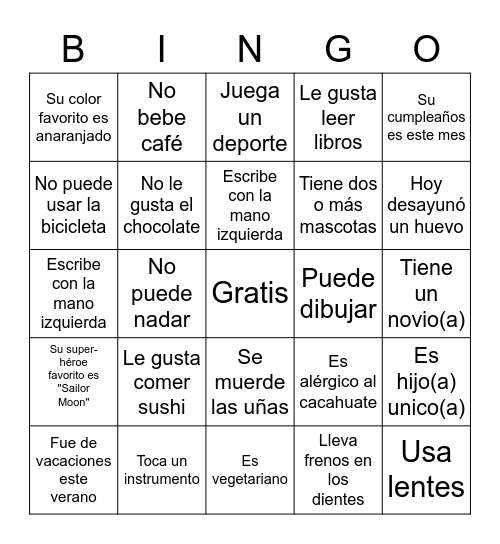 Conoce a tus amigos de clase Bingo Card