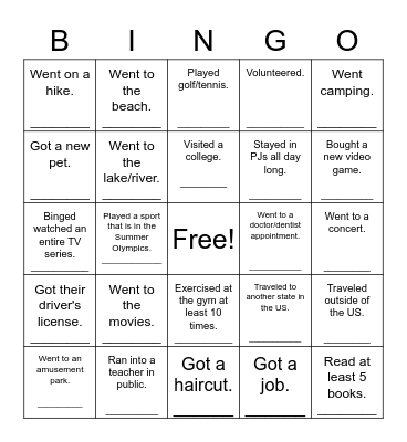 What Did You Do During the Summer? Bingo Card
