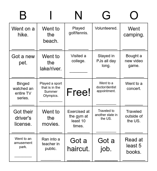 What Did You Do During the Summer? Bingo Card
