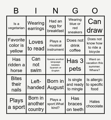 Get To Know Each Other! Bingo Card