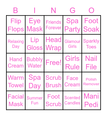 Sierra and Friends Spa Day Bingo Card