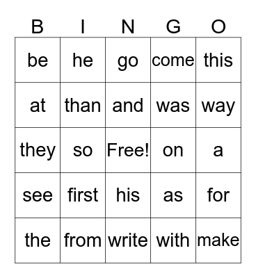 SIGHT WORDS LIST A Bingo Card