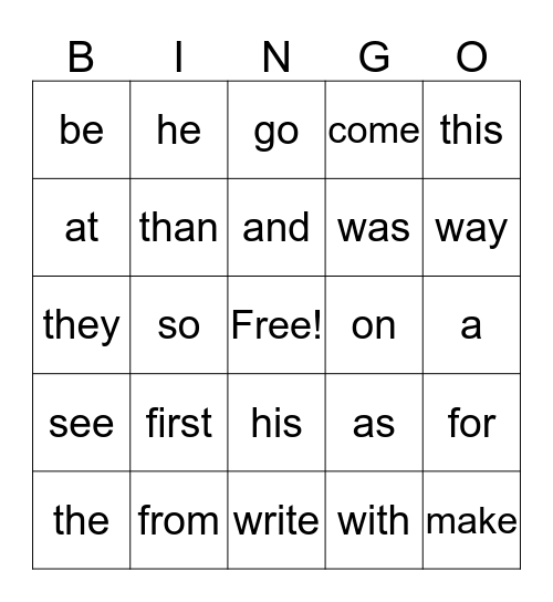 SIGHT WORDS LIST A Bingo Card