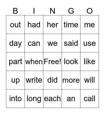 SIGHT WORDS LIST A Bingo Card