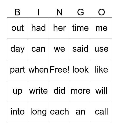 SIGHT WORDS LIST A Bingo Card